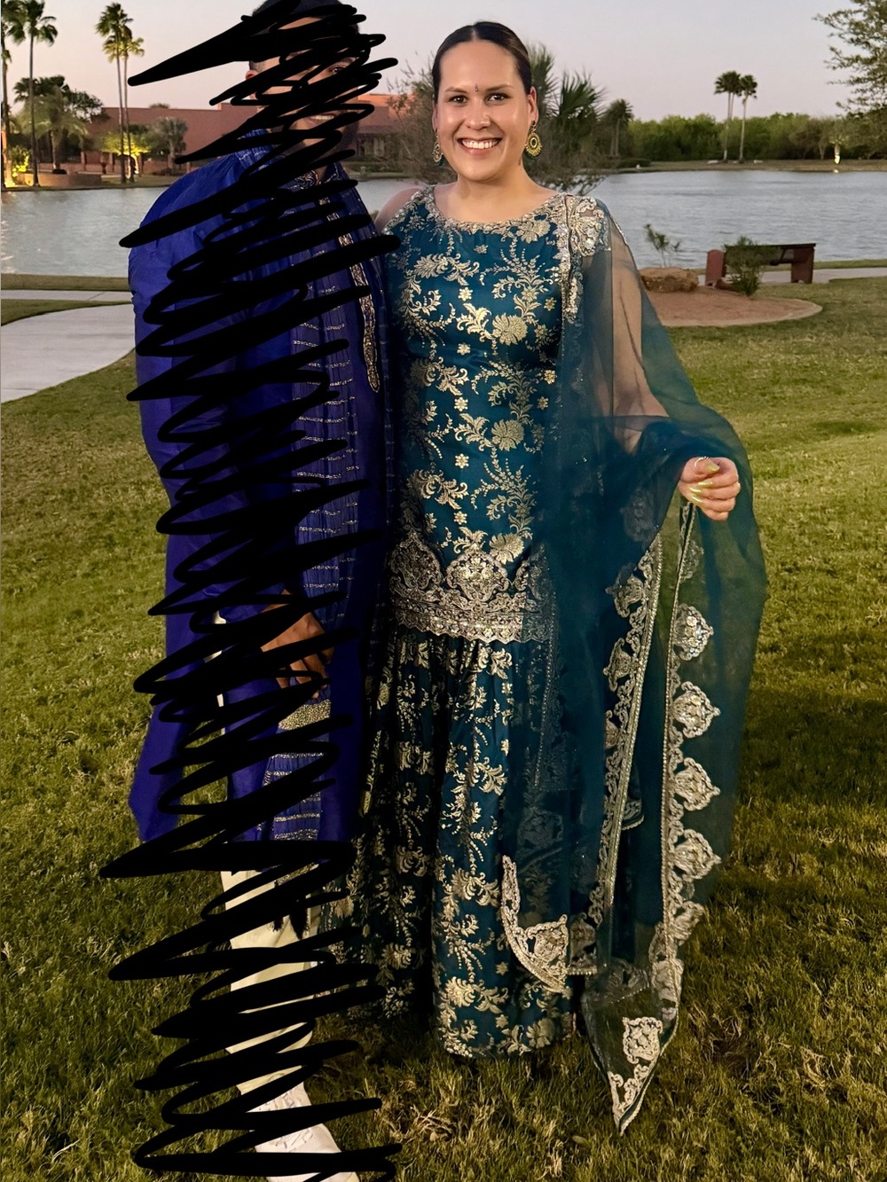 Teal Embroidered Women's Indian Wedding Dress with Sheer Dupatta